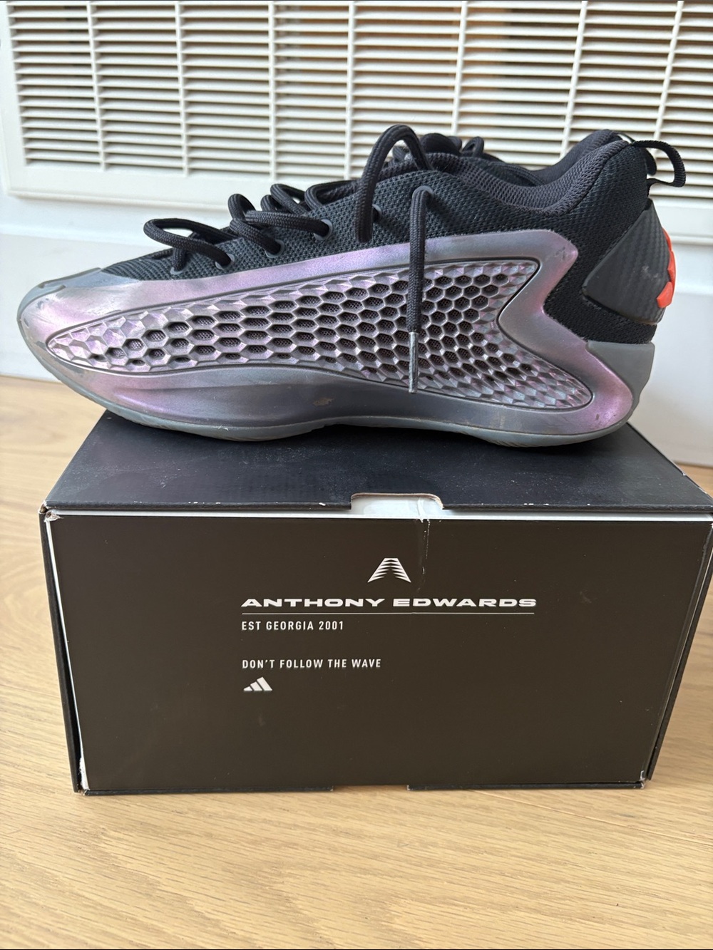 Adidas Anthony Edward’s AE 1 Black Sneakers with Orange-Red Heel Logos